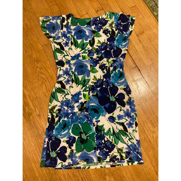 Lauren Ralph Lauren Blue Floral Flutter Sleeve Stretch Faux Wrap Dress Womens 18 - Picture 7 of 7